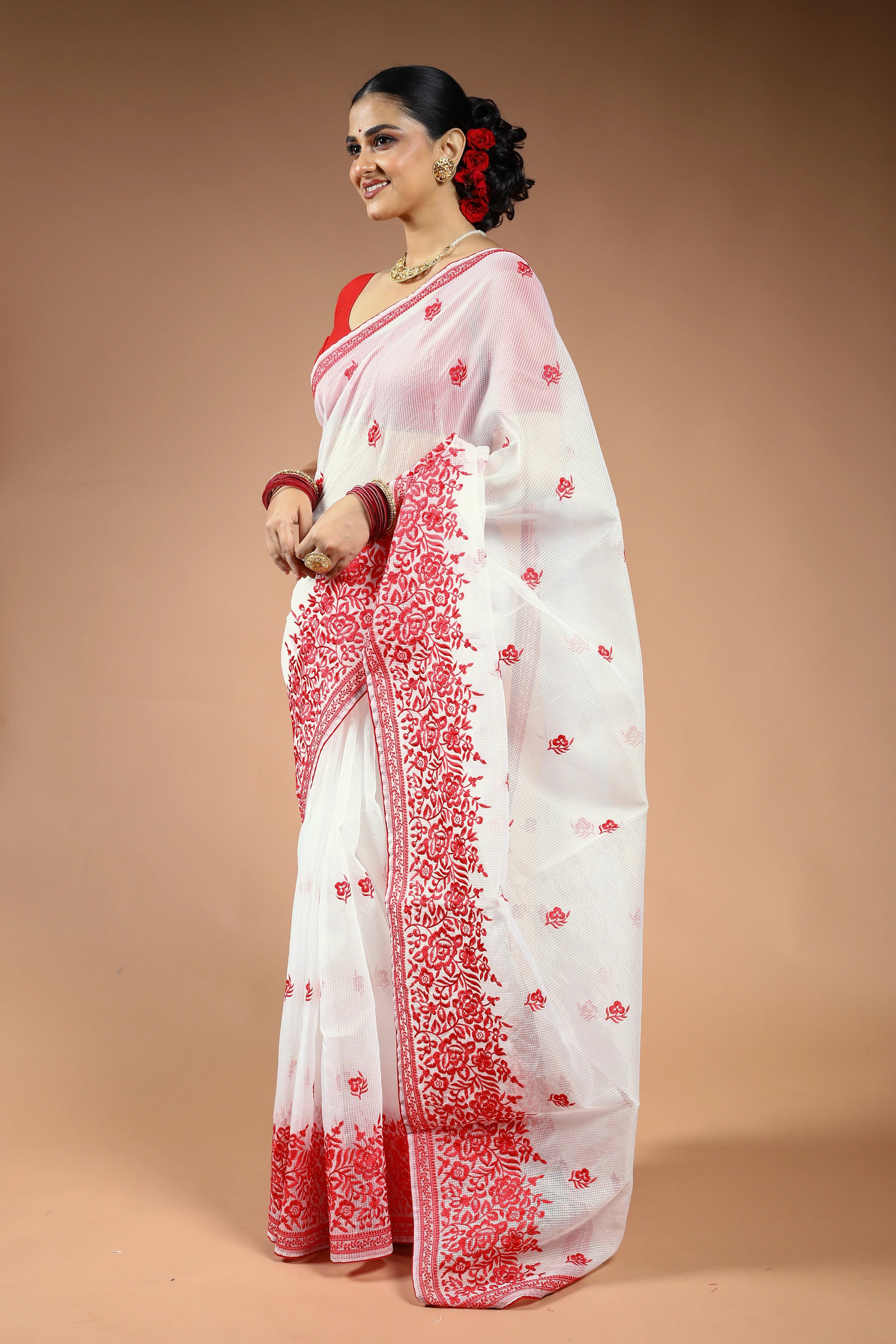 Red & White Silk Kota Saree with Blouse Piece