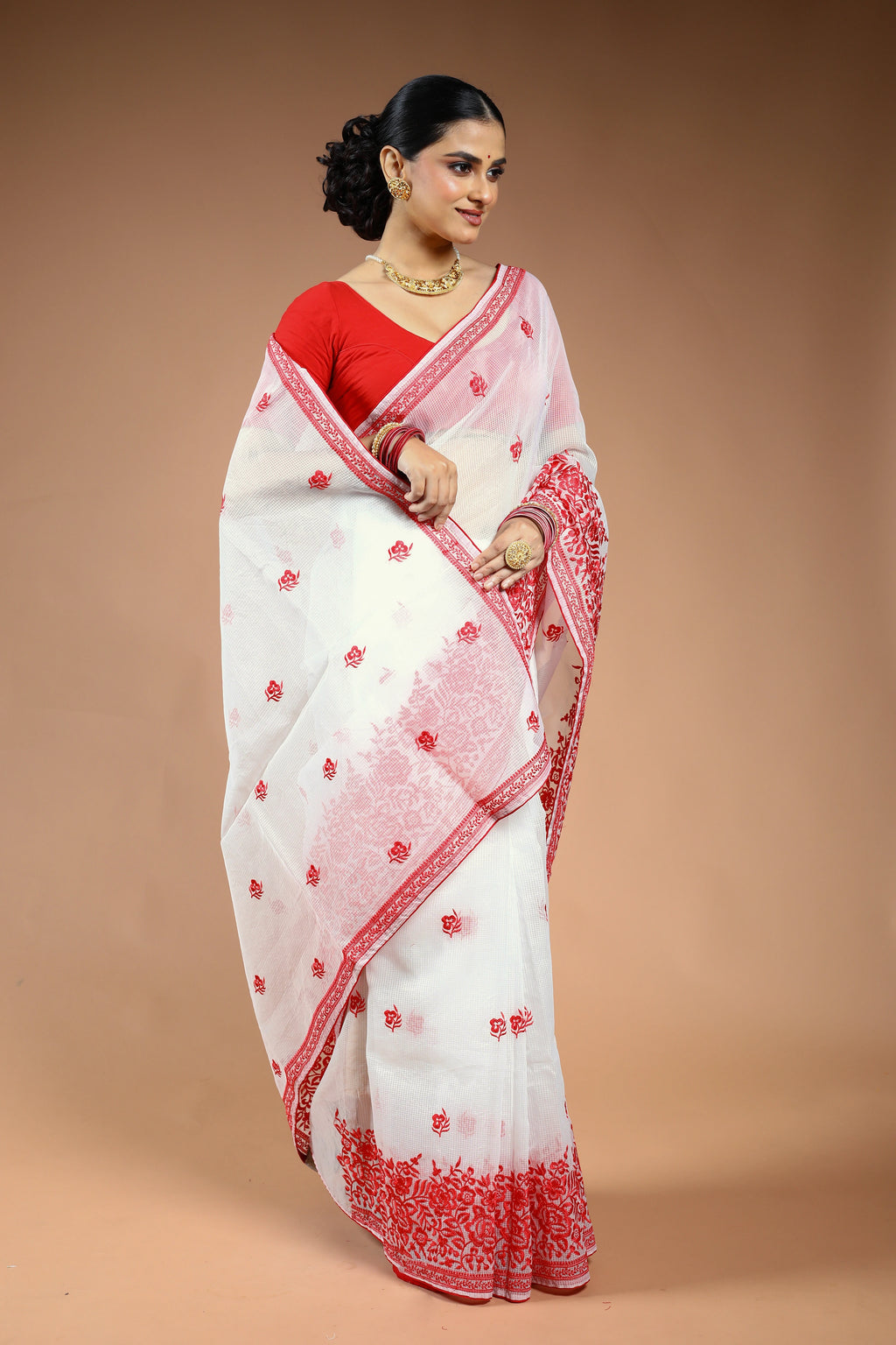 Red & White Silk Kota Saree with Blouse Piece
