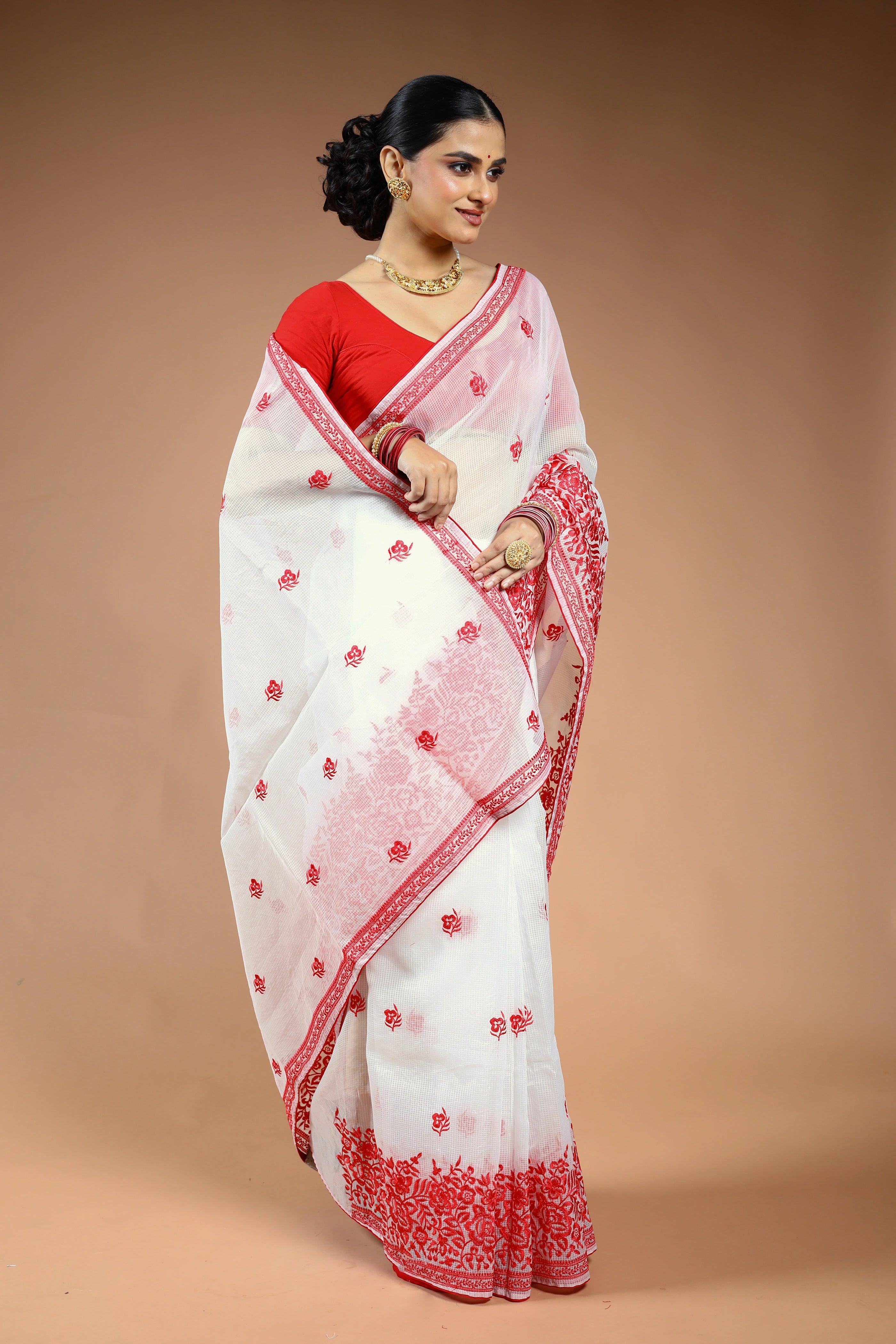 Red & White Silk Kota Saree with Blouse Piece