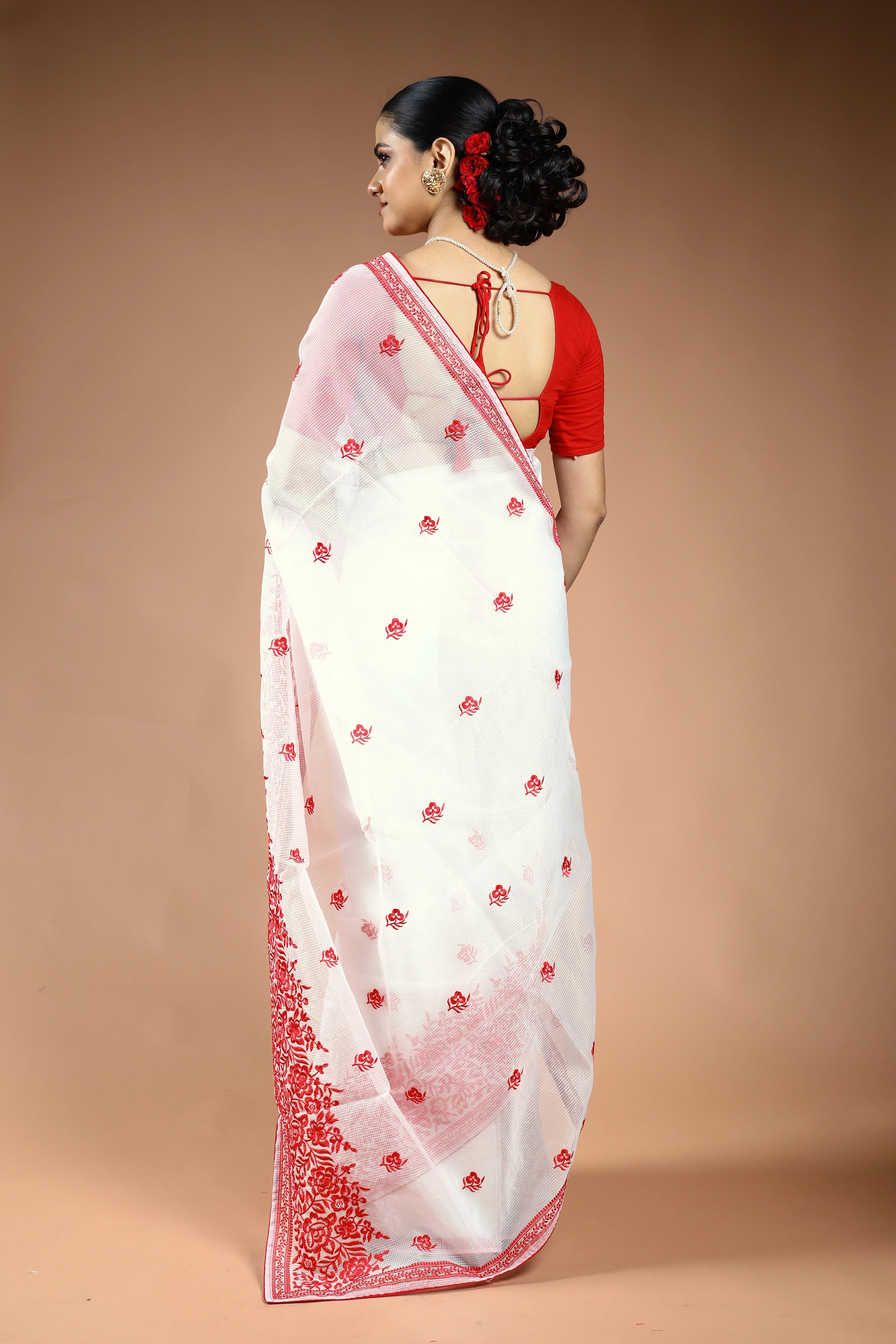 Red & White Silk Kota Saree with Blouse Piece