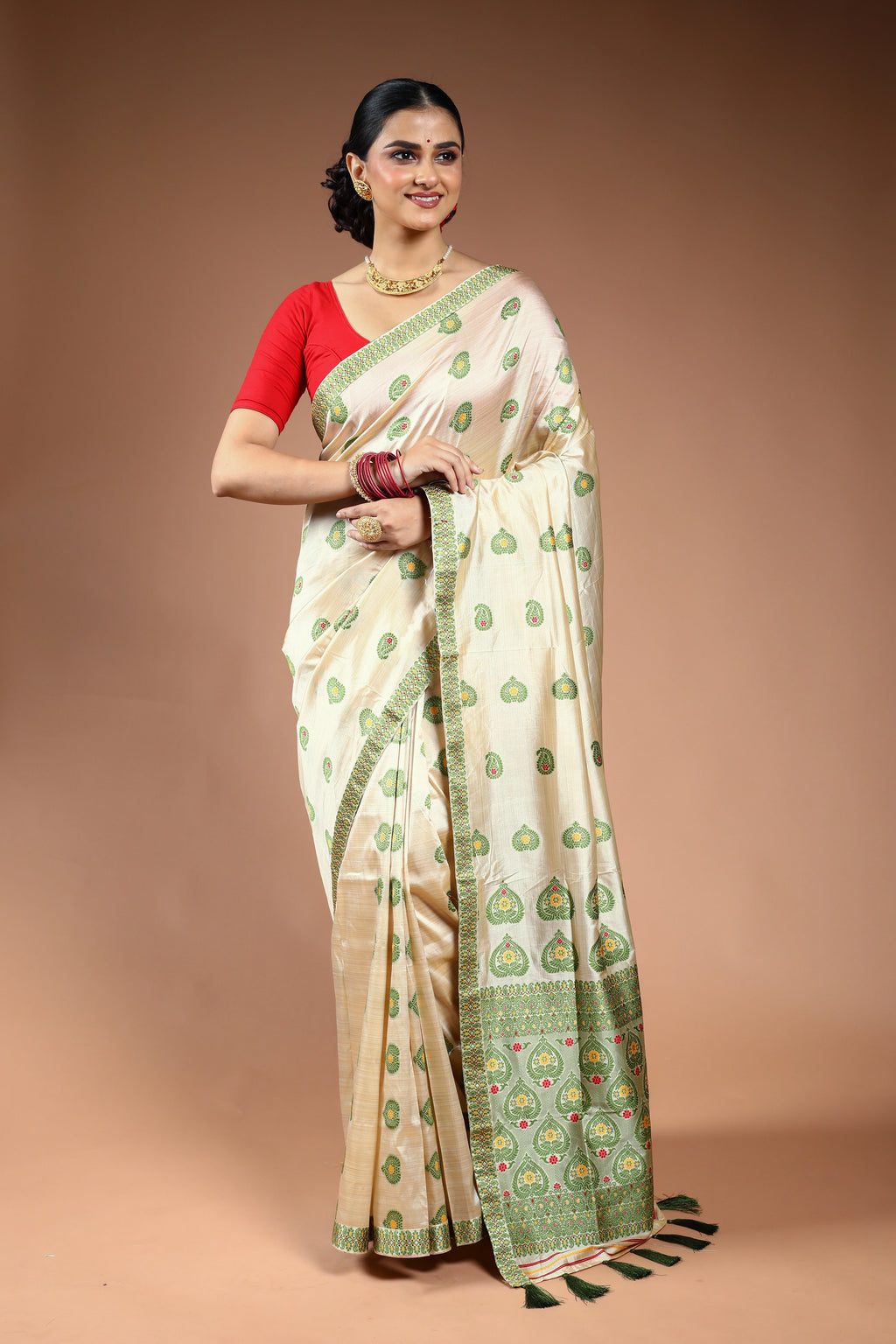 Offwhite Olive Green Semi Assam Silk Saree with Blouse Piece