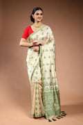 Offwhite Olive Green Semi Assam Silk Saree with Blouse Piece