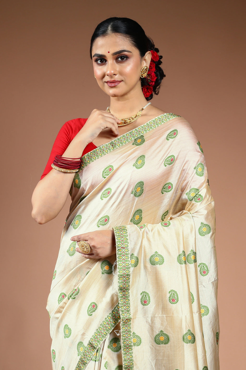 Offwhite Olive Green Semi Assam Silk Saree with Blouse Piece