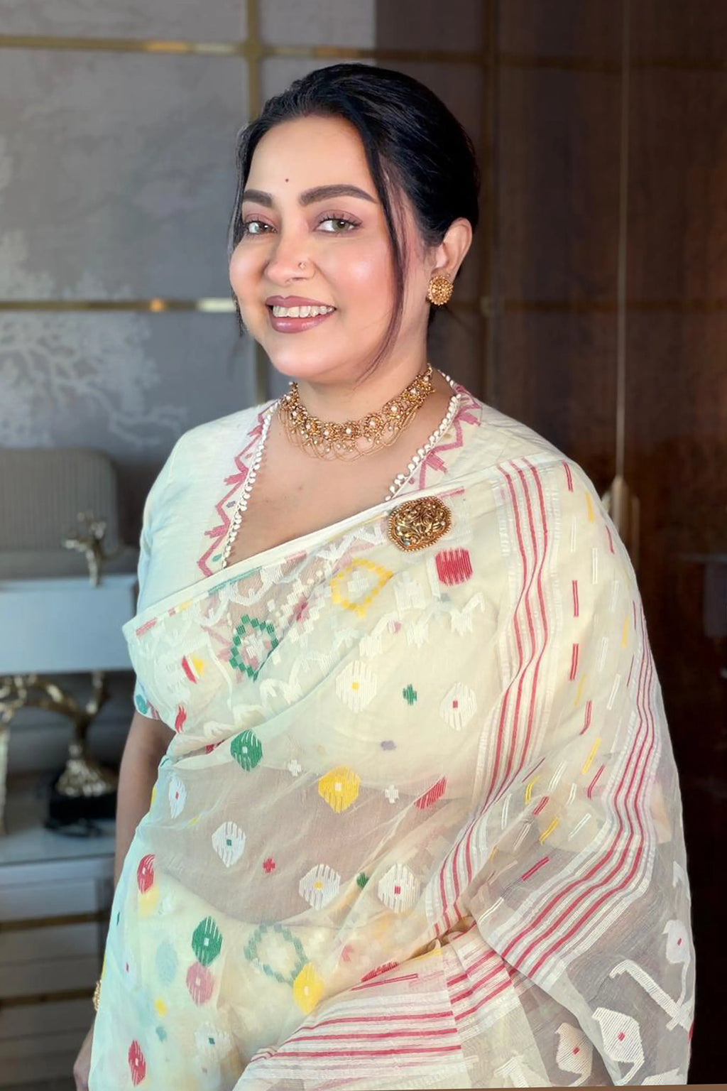 Offwhite Jamdani  Saree with Blouse Piece