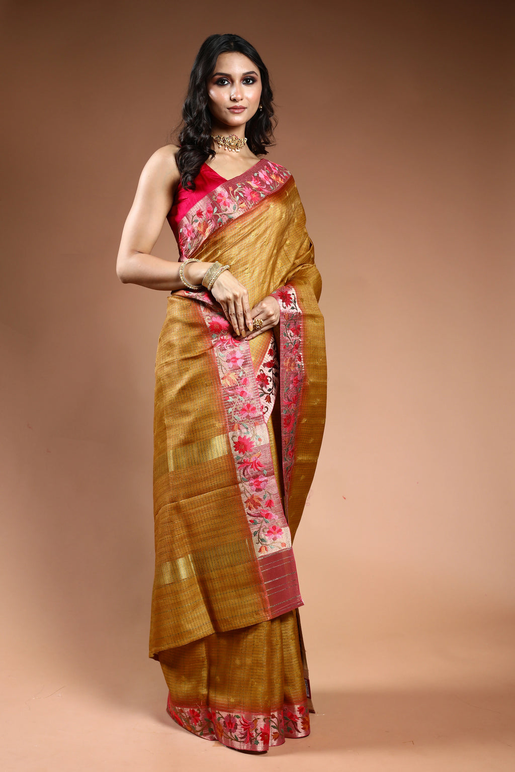 EBS242B4 - Linen Silk Saree Mustard - fabric detail