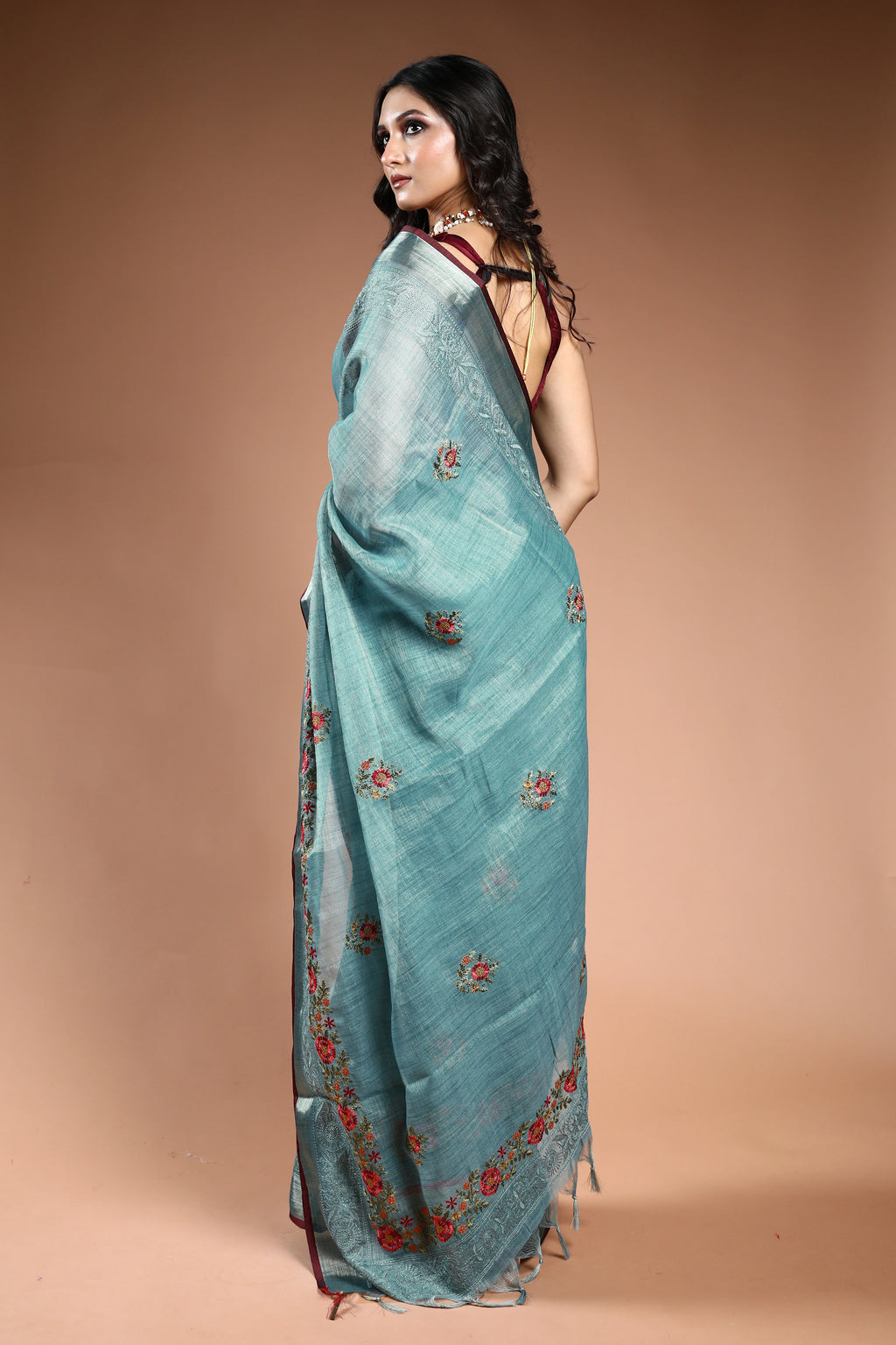 EBS239B4 - Linen Tissue Saree Mint Green - fabric detail