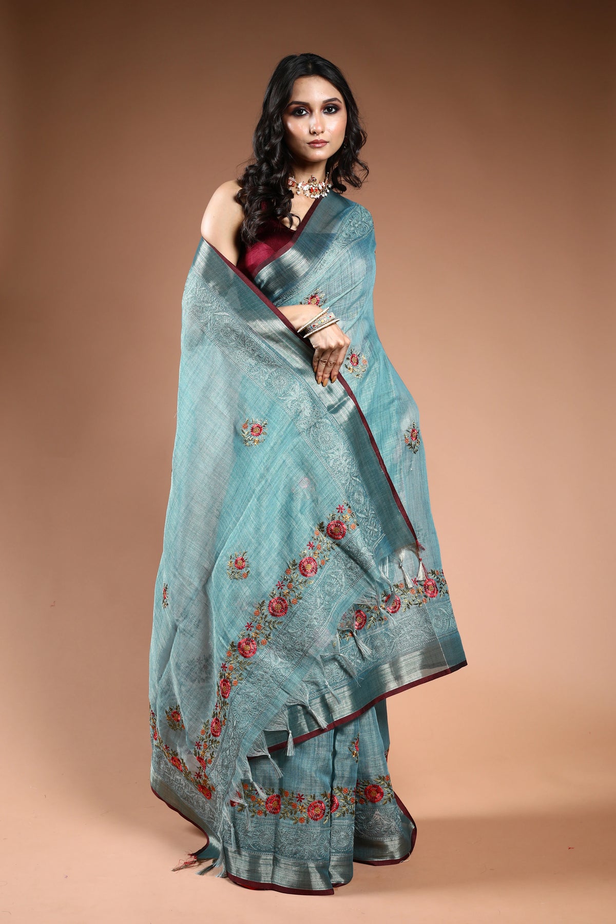EBS239B4 - Linen Tissue Saree Mint Green - back