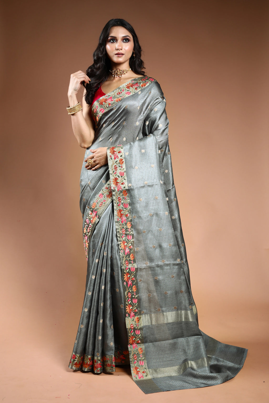 EBS241B4 - Linen Silk Saree Steel - front