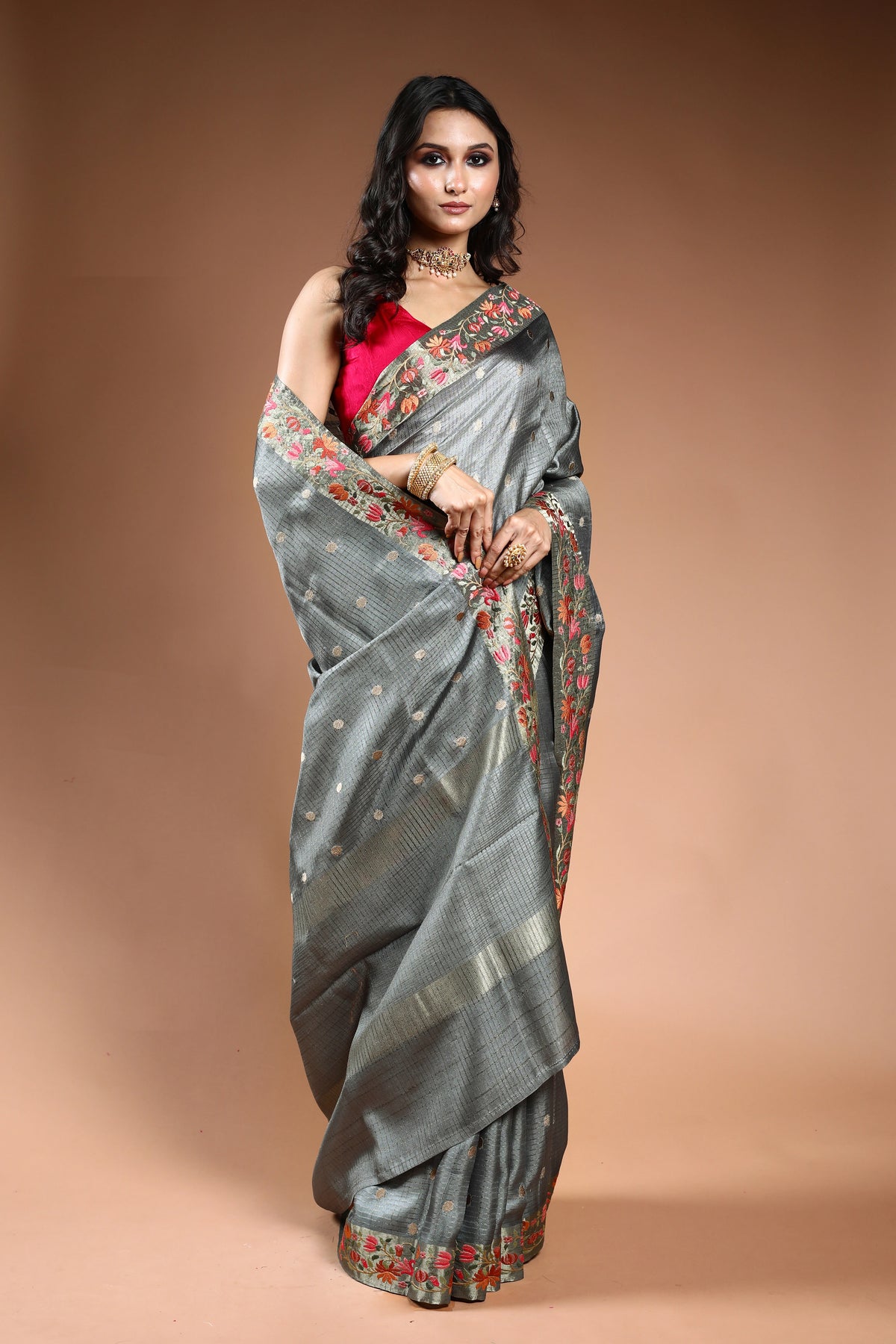 EBS241B4 - Linen Silk Saree Steel - fabric detail