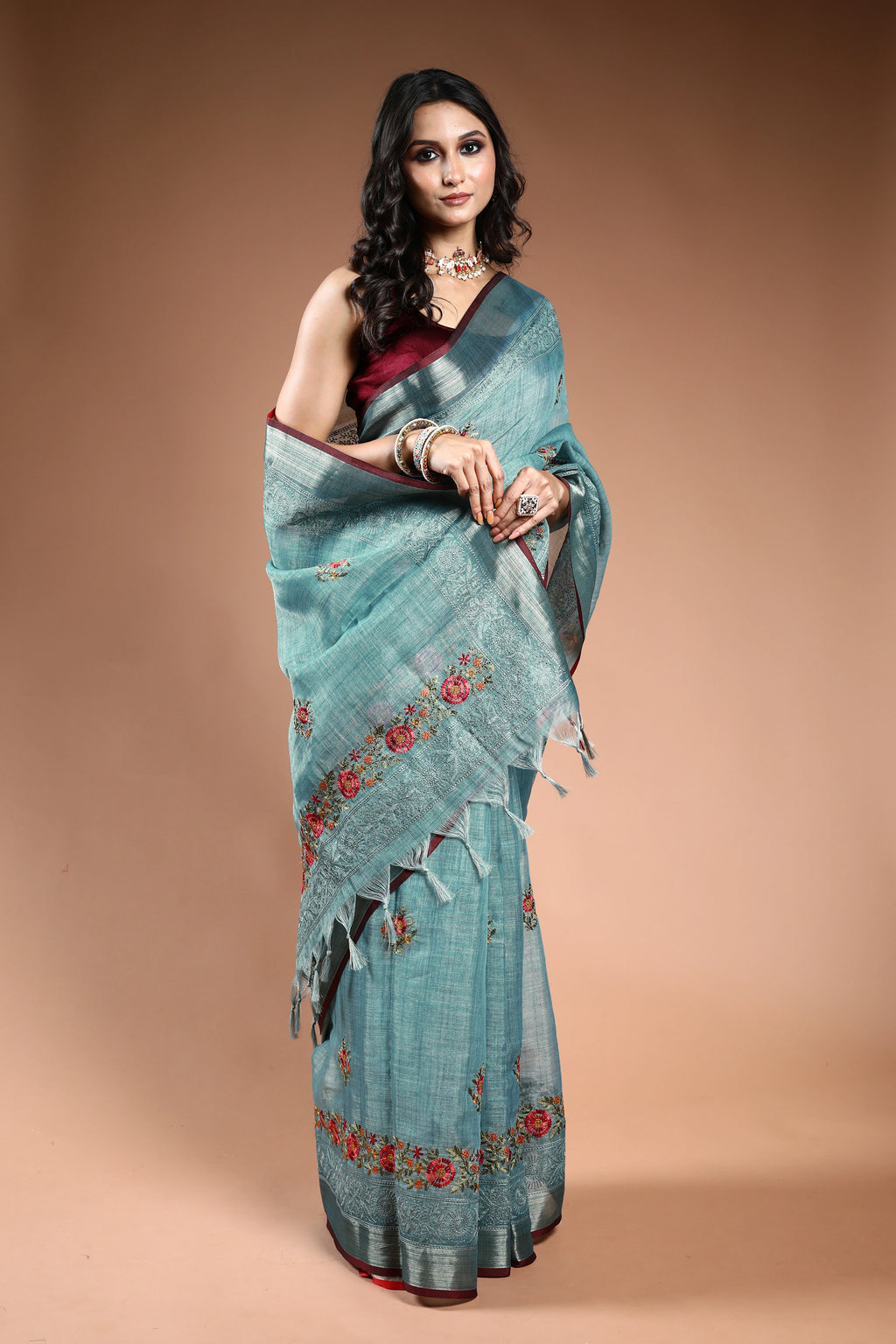 EBS239B4 - Linen Tissue Saree Mint Green - front