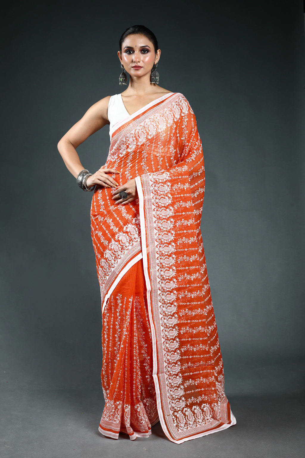 EBS246B4 - Embroidery Saree Orange - front