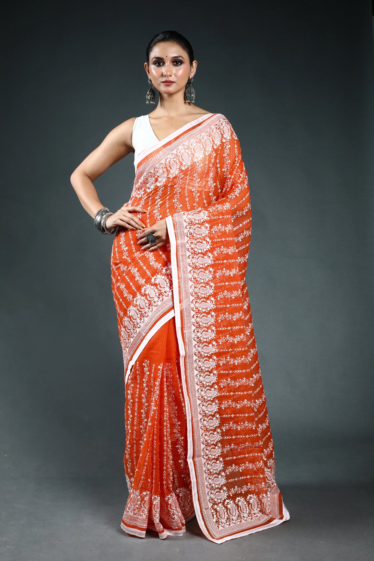 EBS246B4 - Embroidery Saree Orange - front